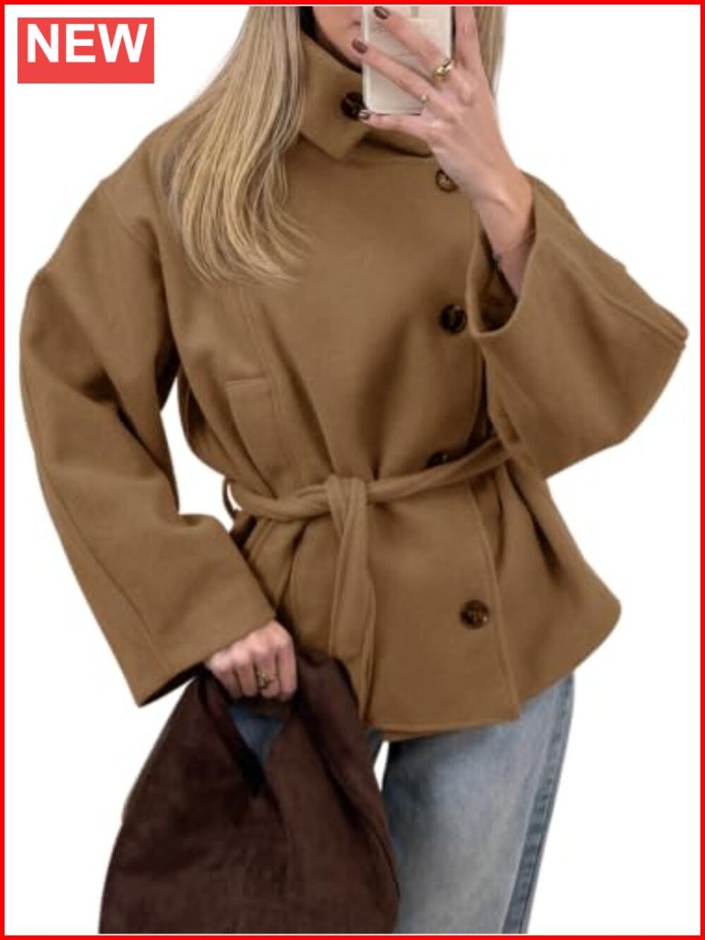 Wool Blend Cropped Pea Coat Belted Winter Jacket